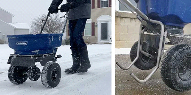 Two Chapin ice melt winter salt spreaders spreading salt and ice melt on driveways
