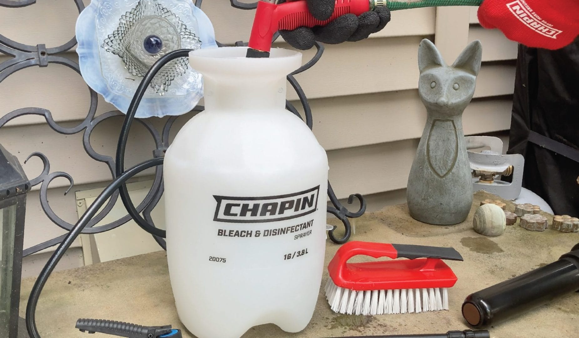 Filling a Chapin 20075 Bleach Sprayer outside
