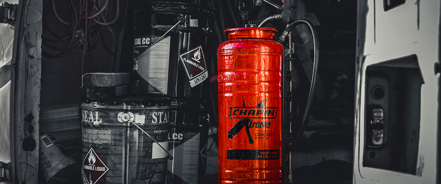 Chapin xtreme sprayer in the back of a van with other concrete and construction materials