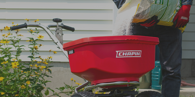 Filling a Chapin 8400C contractor turf spreader with fertilizer