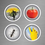Applications graphic with pictures of vegetables, cleaning, pests, and weeds. Weed control, Pest Killer, cleaners, fertilizers.