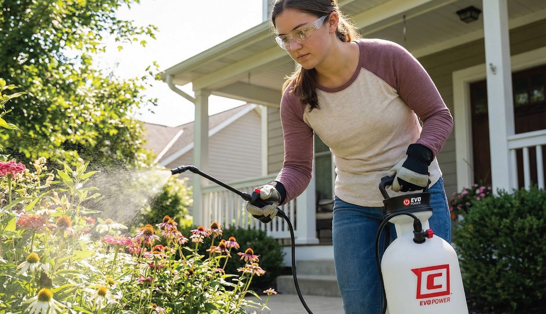 Chapin EVO Power Sprayer in the garden, spraying plants