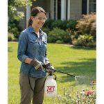 Woman spraying plants in a garden with a Chapin 10000 SureSpray garden sprayer