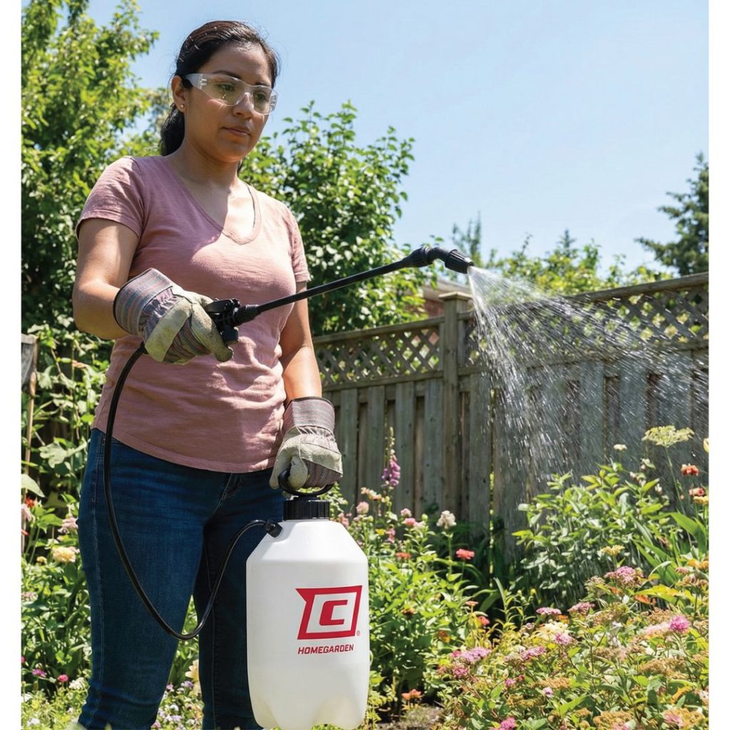 Woman spraying plants in a garden with a Chapin 16200 HomeGardener garden sprayer