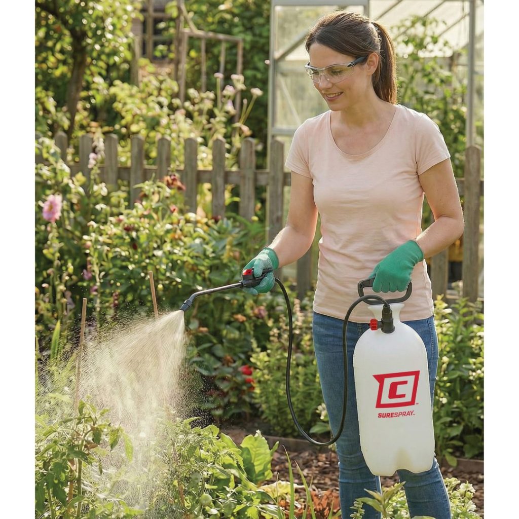 Woman spraying plants in a garden with a Chapin 20002 SureSpray garden sprayer