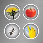 Applications graphic with pictures of vegetables, cleaning, pests, and weeds. Weed control, Pest Killer, cleaners, fertilizers.