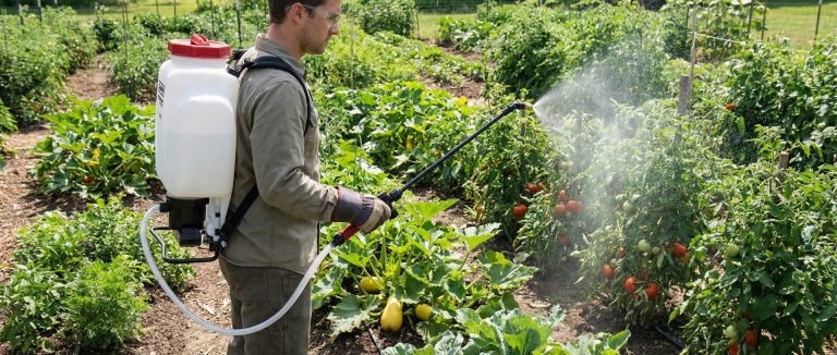 Chapin 63924 rechargeable battery powered backpack sprayer spraying plants in a garden