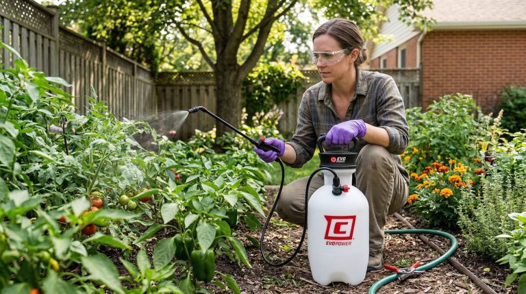 Chapin EVO power sprayer - a woman spraying vegetables in a garden with the EVO power sprayer