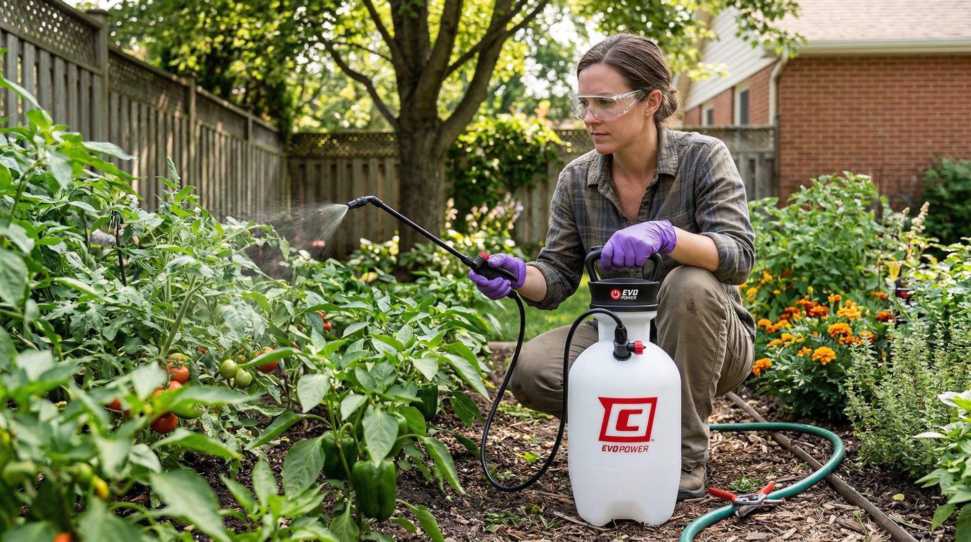 Chapin EVO power sprayer - a woman spraying vegetables in a garden with the EVO power sprayer