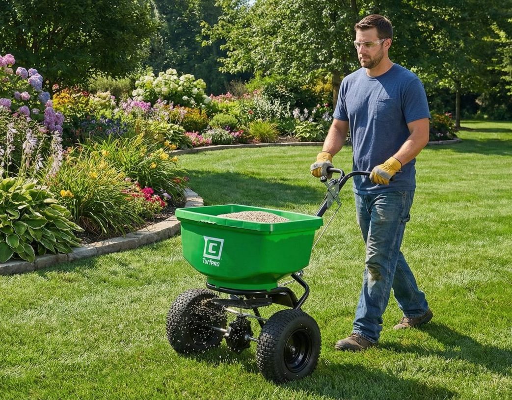 Chapin TurfPro spreader in a yard with garden