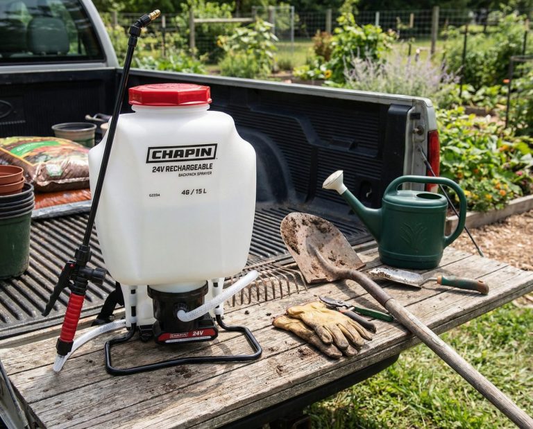 Chapin 63924 24V backpack sprayer on a truck bed with gardening tools