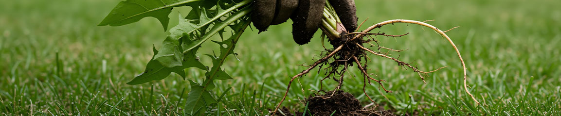 Lawn care - weeding the grass and removing dandelion