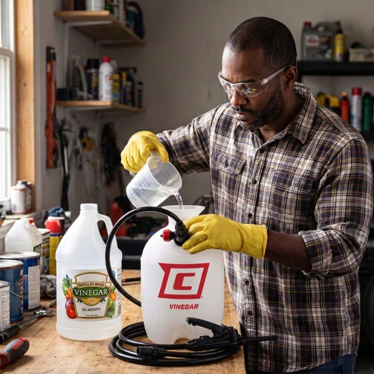 Pouring vinegar into a Chapin vinegar sprayer